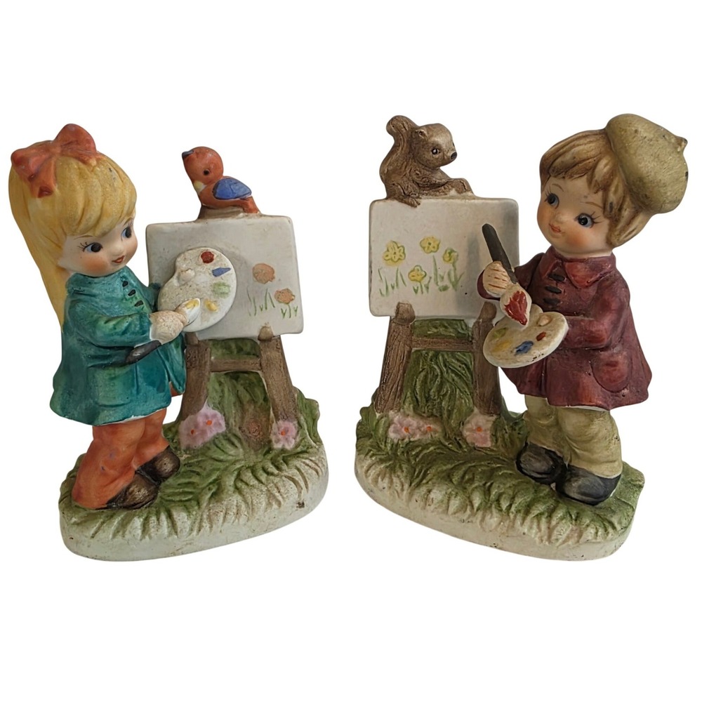 Vintage Lefton Ceramic Children Painting Figurines (2) Girl Boy Artist # 7513